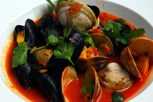 mussels and clams in red sauce