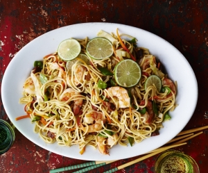 Tommy Bahama Pan-Cooked Noodles with Shrimp & Chorizo